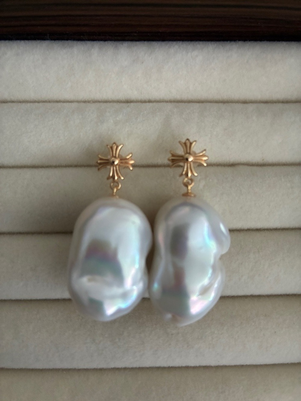 Gold Cross Baroque Pearl Drop Earrings – Organic Statement